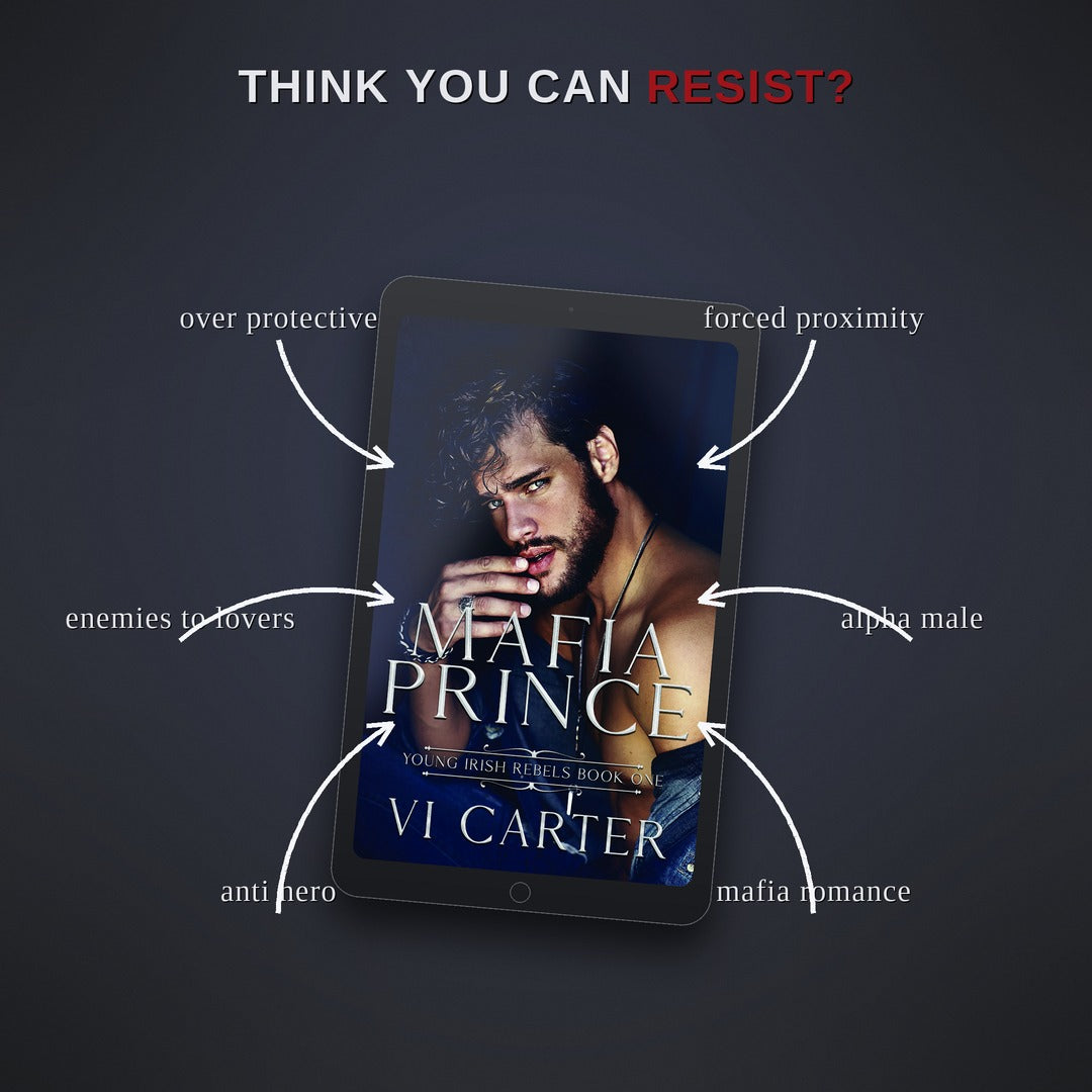 Book cover of 'Mafia Prince' by Vi Carter on a tablet with thematic elements displayed.