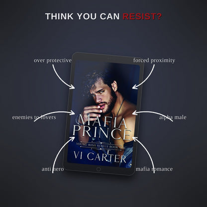 Book cover of 'Mafia Prince' by Vi Carter on a tablet with thematic elements displayed.