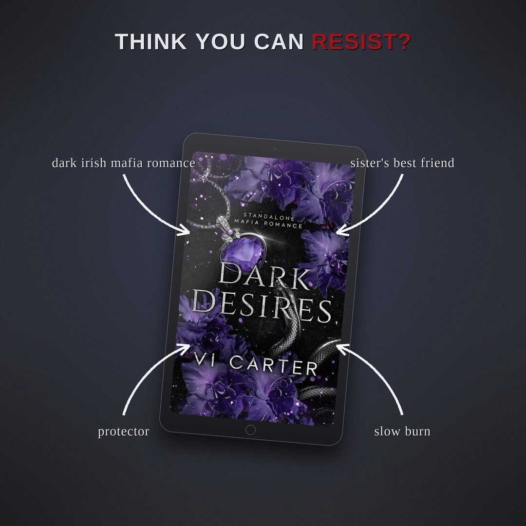 Promotional graphic for 'Dark Desires' by Vi Carter on a tablet screen with descriptive text.
