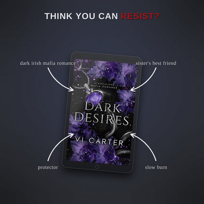 Promotional graphic for 'Dark Desires' by Vi Carter on a tablet screen with descriptive text.