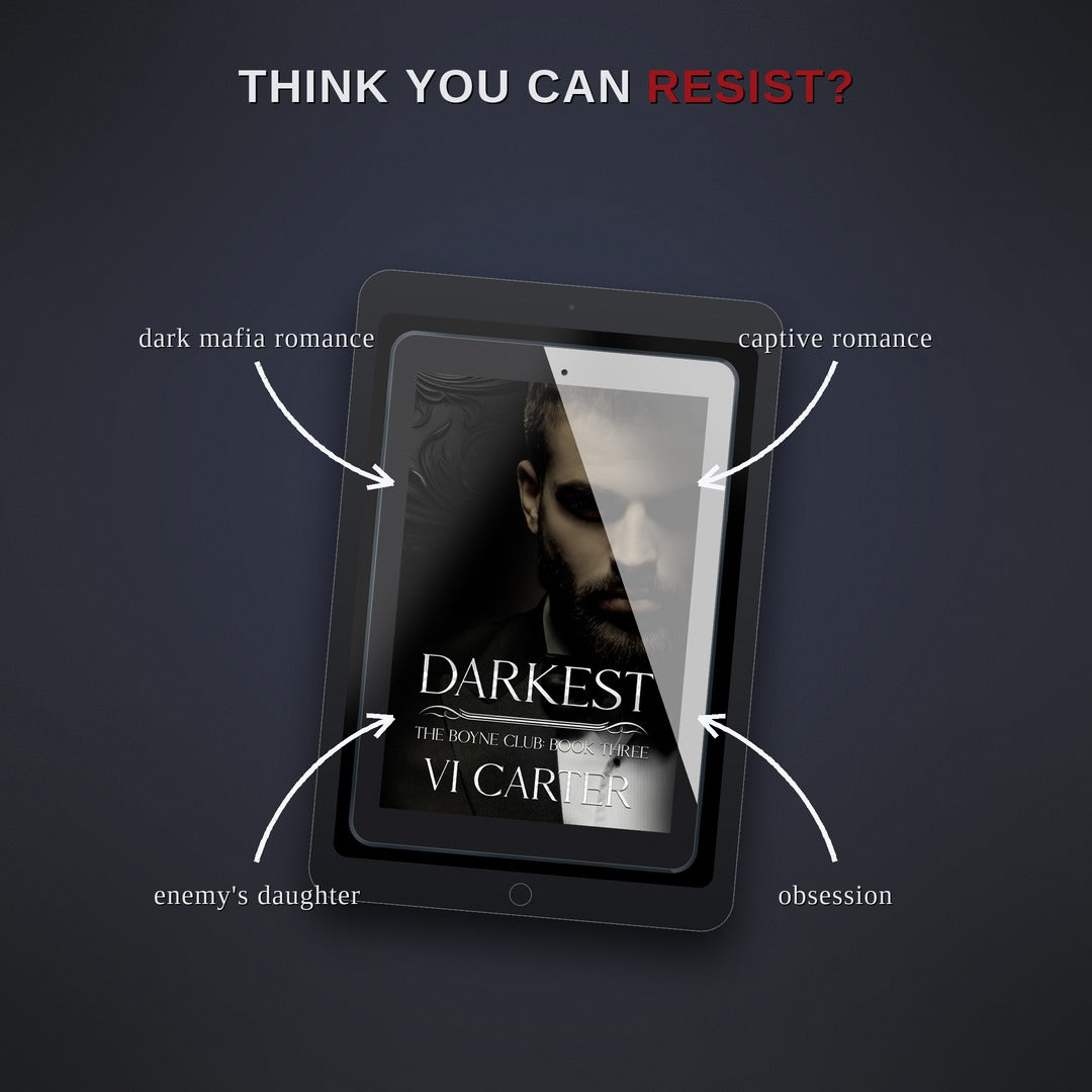 E-reader displaying a book cover with text about dark romance genres on a dark background.