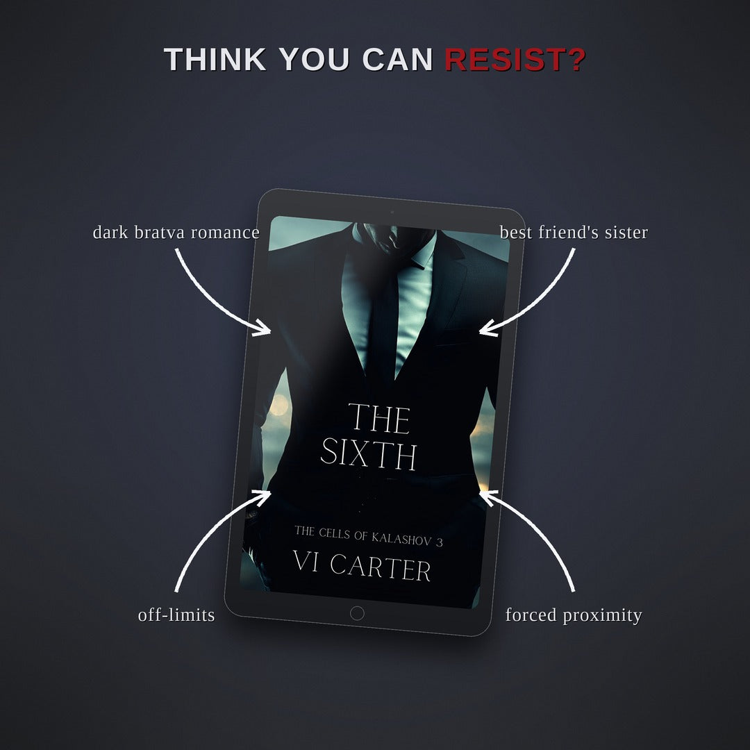 Ebook cover of 'The Sixth' by Vi Carter on a dark background with text elements.