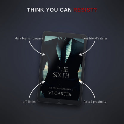 Ebook cover of 'The Sixth' by Vi Carter on a dark background with text elements.