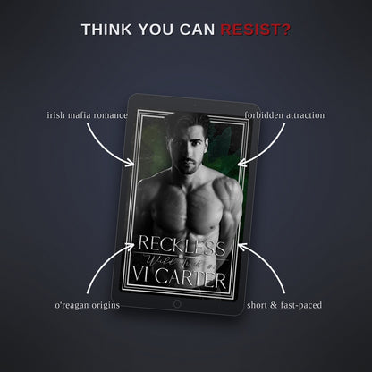 E-book cover of 'Reckless' by VI Carter on a tablet with promotional text on a dark background
