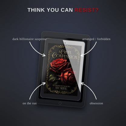 Ebook cover with a rose on a tablet, surrounded by text on a dark background