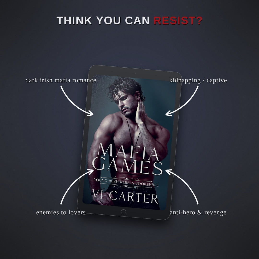 Book cover of 'Mafia Games' by Vi Carter on a tablet with descriptive text on a dark background