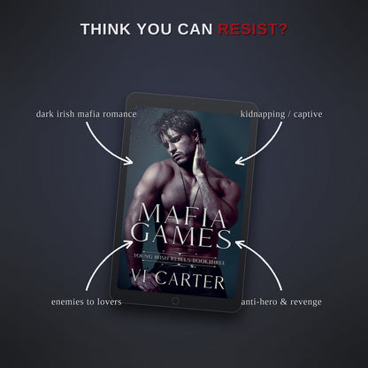 Book cover of 'Mafia Games' by Vi Carter on a tablet with descriptive text on a dark background
