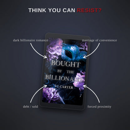Book cover of 'Bought by the Billionaire' on a tablet with descriptive text on a dark background