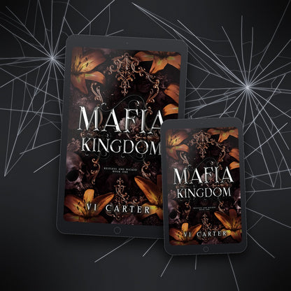 Two devices displaying the book cover of 'Mafia Kingdom' by VI Carter on a dark background with spider webs.
