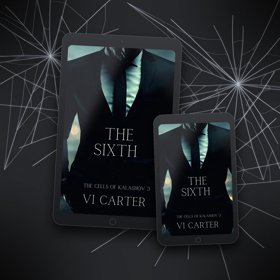 Digital book covers of 'The Sixth' by Vi Carter on a tablet and phone with spider web background