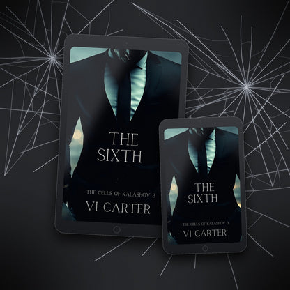 Digital book covers of 'The Sixth' by Vi Carter on a tablet and phone with spider web background
