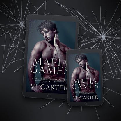 Two tablets displaying the cover of 'Mafia Games' by VI Carter against a dark background with spider web designs.