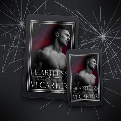 Two tablet devices displaying the cover of 'Heartless' by VI Carter on a dark background with spider web design.