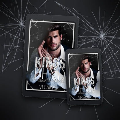 Two tablet devices displaying the book cover 'The King's Bend' by VI Carter on a dark background with spider web design.