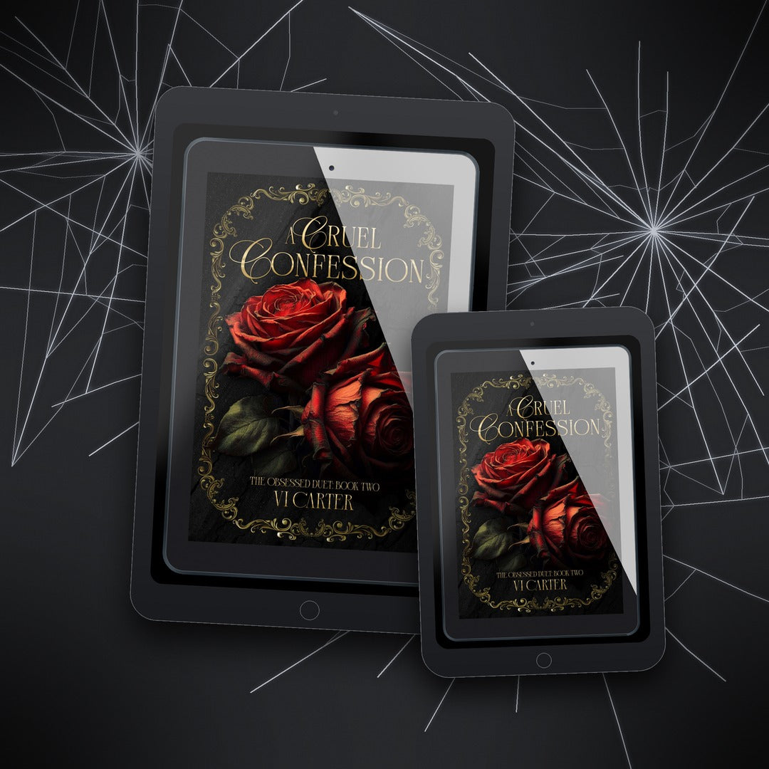 Two tablets displaying the book cover 'A Cruel Confession' with a dark background and spider web design.