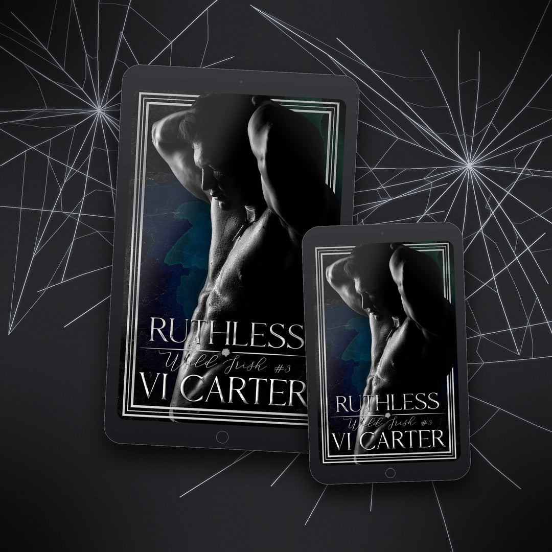 Two tablet devices displaying the book cover of 'Ruthless' by VI Carter on a dark background with spider web design.