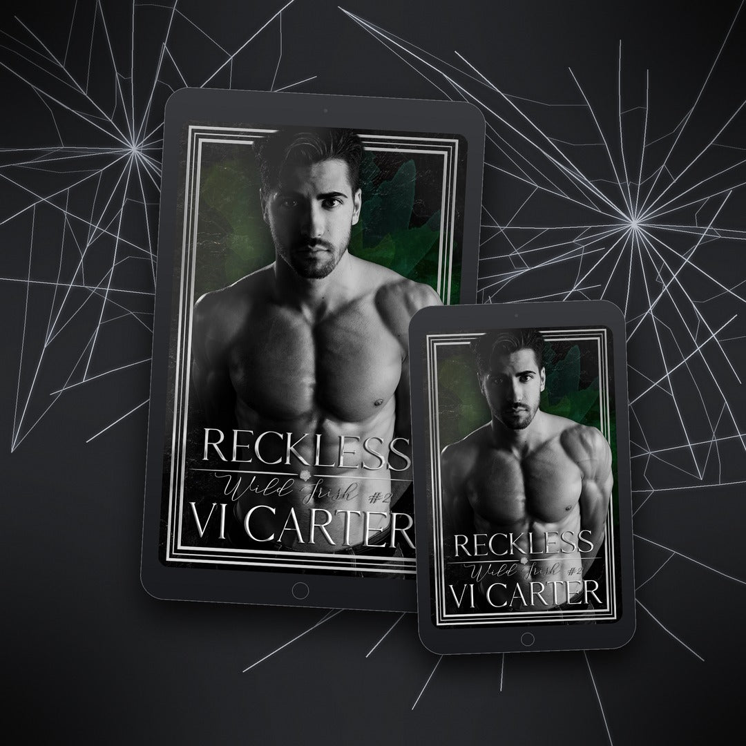 Two tablets displaying the book cover of 'Reckless' by VI Carter on a dark background with spider web design.
