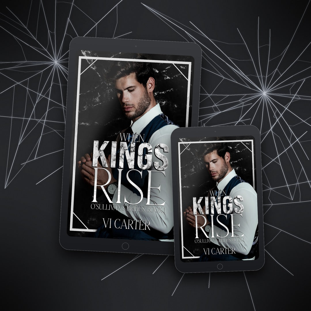 Two tablets displaying the book cover 'When Kings Rise' by Vi Carter on a dark background with spider web design.