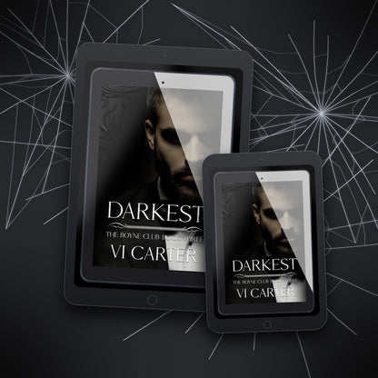 Two tablets displaying the cover of 'Darkest' by Vi Carter on a dark background with spider web design.