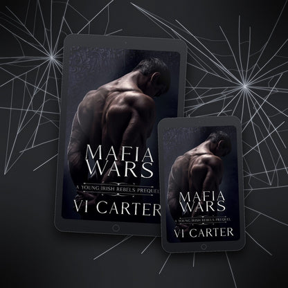 Two tablets displaying the book cover of 'Mafia Wars' by VI Carter on a dark background with spider web design.