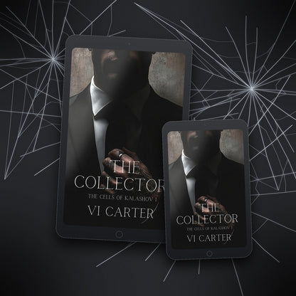 Two tablet devices displaying the book cover 'The Collector' by VI Carter on a dark background with spider web design.