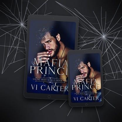 Two tablets displaying the book cover 'Mafia Prince' by VI Carter on a dark background with spider web design.