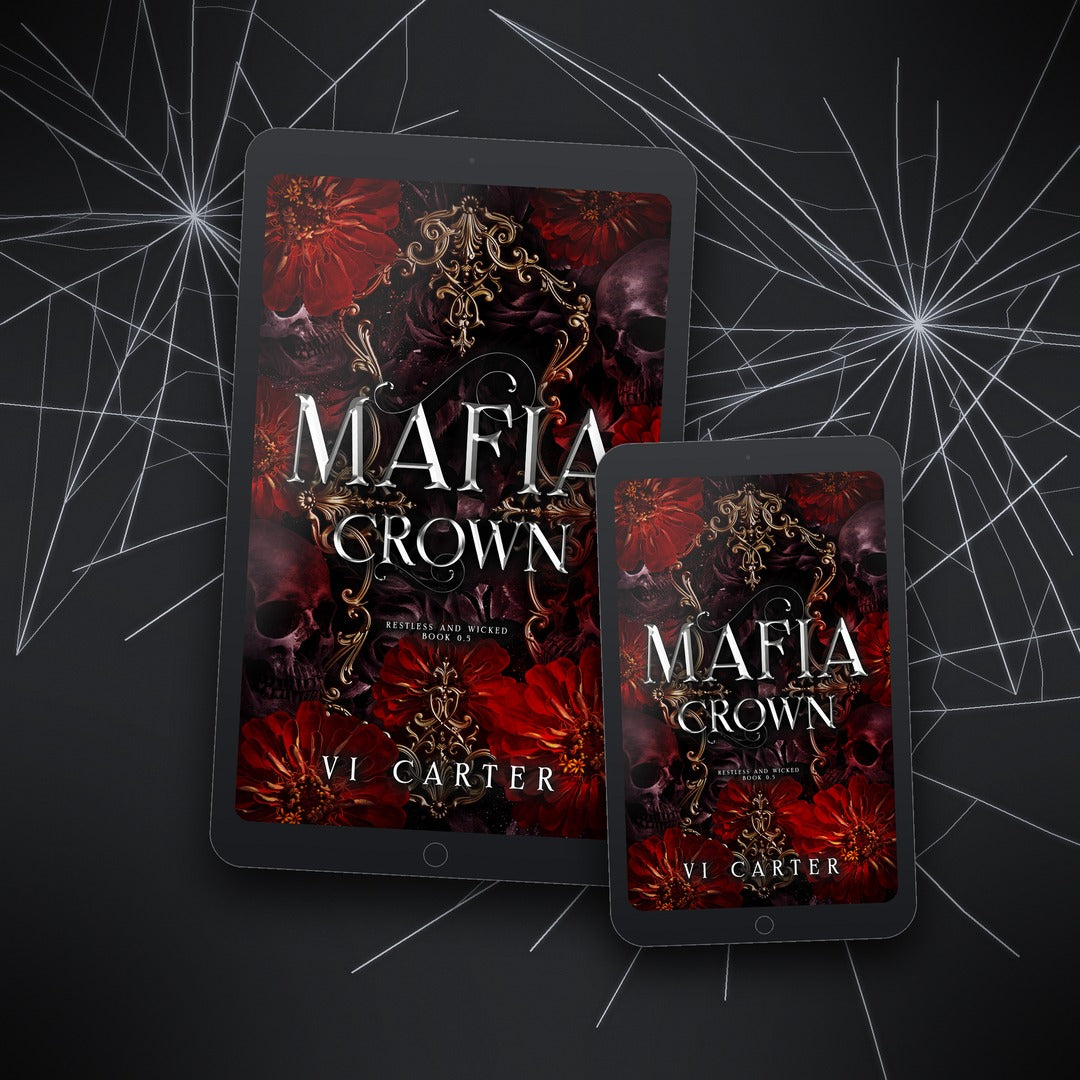 Ebook covers of 'Mafia Crown' by VI Carter on a dark background with spider web design.