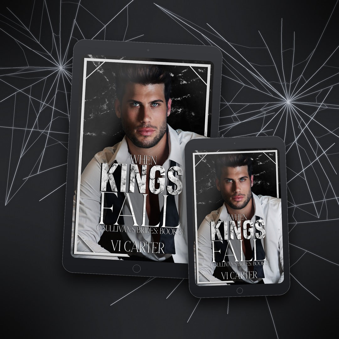 Two tablets displaying the book cover 'The Kings Fall' by VI Carter on a dark background with spider web design.