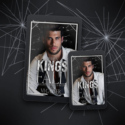 Two tablets displaying the book cover 'The Kings Fall' by VI Carter on a dark background with spider web design.
