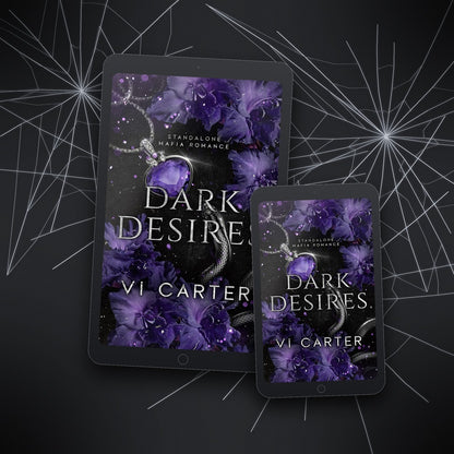 Ebook covers of 'Dark Desires' by Vi Carter on a dark background with spider webs.