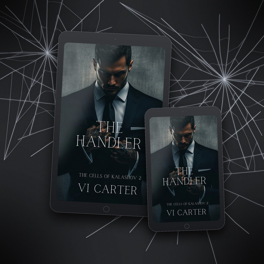 Tablet and smartphone displaying 'The Handler' book cover by Vi Carter on a dark background with spider web design.