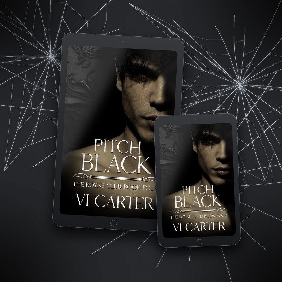 Two tablet devices displaying the book cover 'Pitch Black' by Vi Carter on a dark background with spider web design.