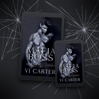 Two tablet devices displaying the cover of 'Mafia Boss' by Vi Carter on a dark background with spider web design.