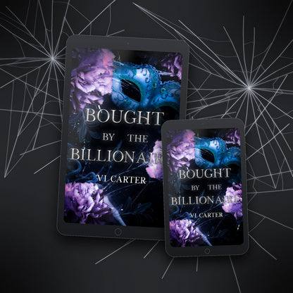 Ebook covers of 'Bought by the Billionaire' on a dark background with spider webs.