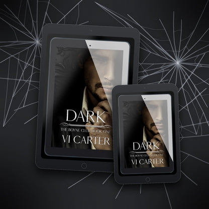 Two tablets displaying the book cover of 'Dark' by Vi Carter on a dark background with spider web design.