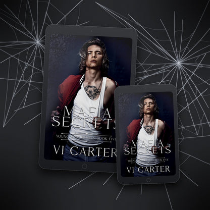Two tablets displaying the cover of 'Mafia Secrets' by Vi Carter on a dark background with spider web design.