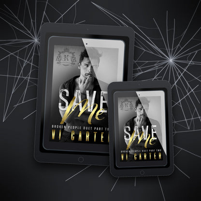Two tablets displaying the book cover 'Save Me' by Vi Carter on a dark background with spider web design.