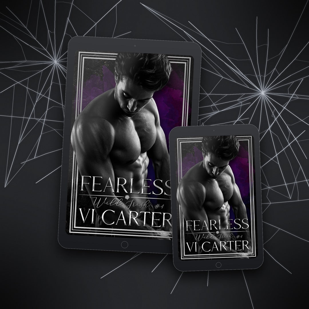 Two tablet devices displaying the book cover 'Fearless' by VI Carter on a dark background with spider web design.