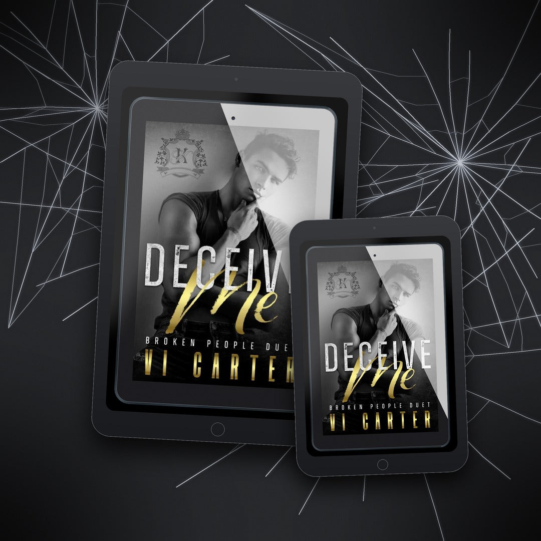 Two tablets displaying the book cover 'Deceive Me' by Vi Carter on a dark background with spider web design.