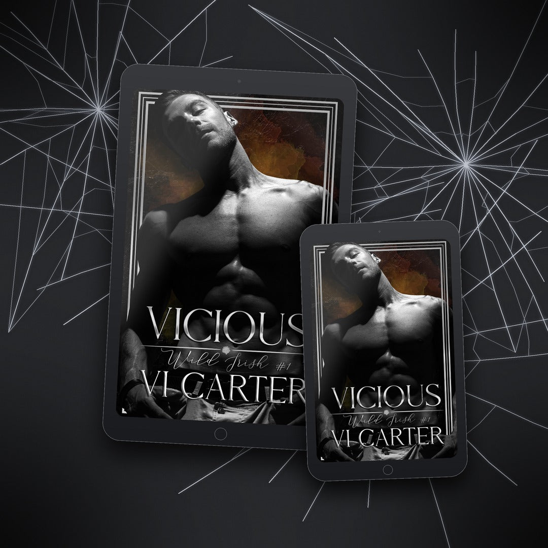 Two tablet devices displaying the book cover 'Vicious' by Vi Carter on a dark background with spider web design.