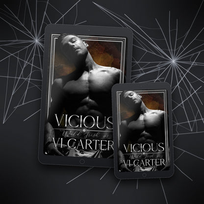 Two tablet devices displaying the book cover 'Vicious' by Vi Carter on a dark background with spider web design.