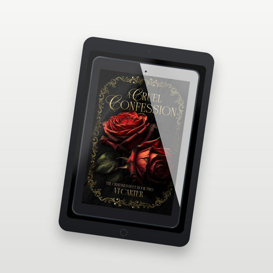 E-reader with a book cover featuring a red rose on a white background