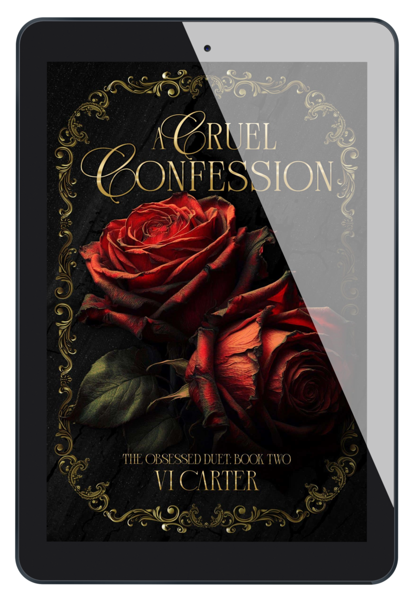 E-book cover of 'A Cruel Confession # 2' featuring a dark rose and decorative elements on a black background.
