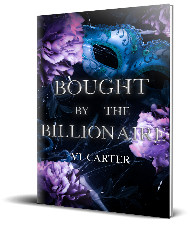 This image features the cover of the signed paperback book titled "Bought by the Billionaire" by VL Carter. The book cover is designed with a dark, moody aesthetic, showcasing a close-up of a masquerade mask in shades of blue and purple, which adds a layer of mystery and intrigue.
