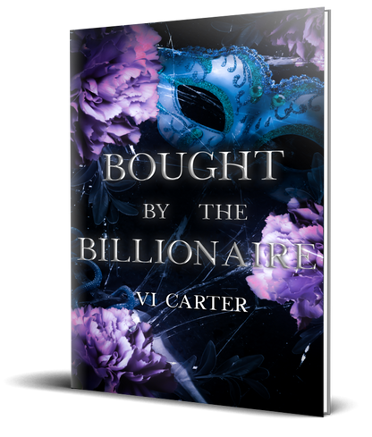This image features the cover of the signed paperback book titled "Bought by the Billionaire" by VL Carter. The book cover is designed with a dark, moody aesthetic, showcasing a close-up of a masquerade mask in shades of blue and purple, which adds a layer of mystery and intrigue.