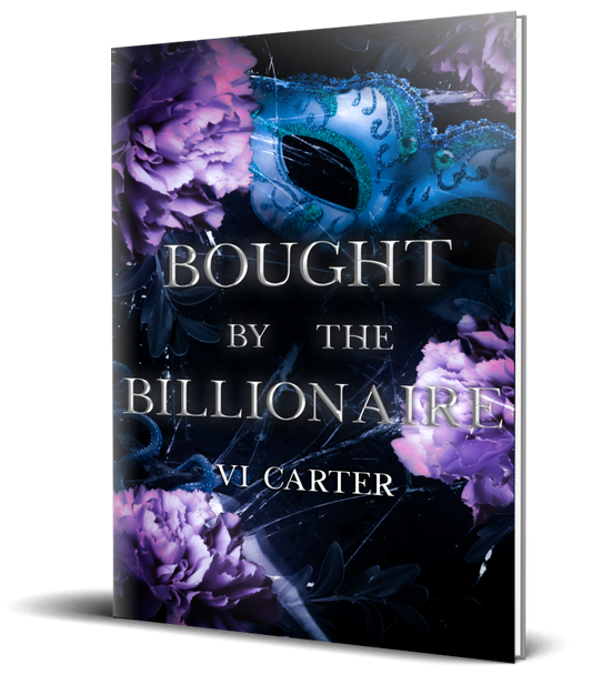 This image features the cover of the signed paperback book titled "Bought by the Billionaire" by VL Carter. The book cover is designed with a dark, moody aesthetic, showcasing a close-up of a masquerade mask in shades of blue and purple, which adds a layer of mystery and intrigue.