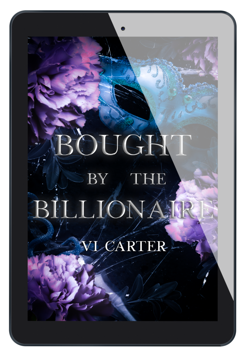 An e-reader displaying the cover of the book 'Bought by the Billionaire' with a purple and black floral design and the title and author's name.