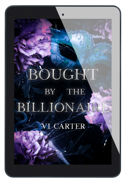 An e-reader displaying the cover of the book 'Bought by the Billionaire' with a purple and black floral design and the title and author's name.