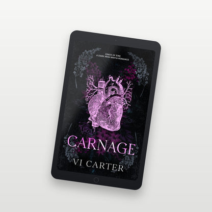 Ebook cover of 'Carnage' by V.I. Carter on a tablet screen