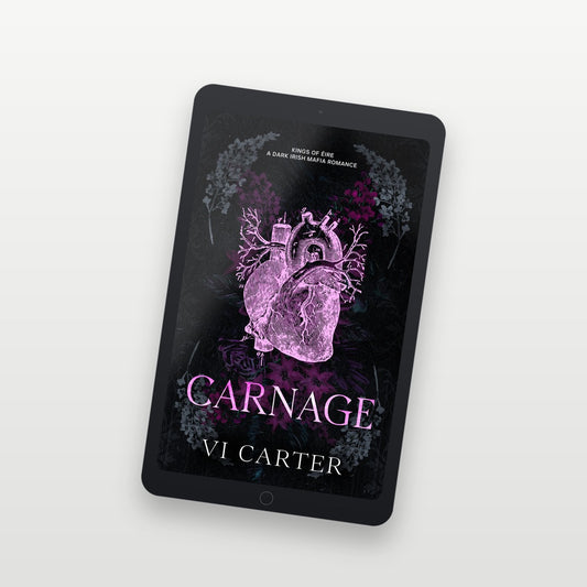 Ebook cover of 'Carnage' by V.I. Carter on a tablet screen